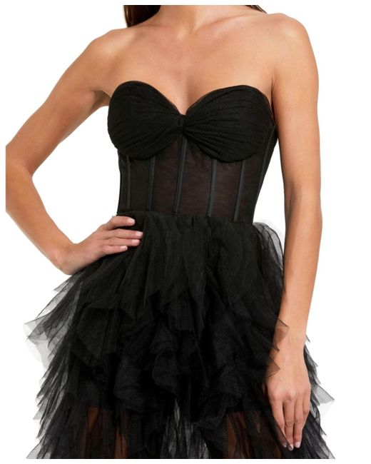 Mac Duggal Black Strapless Bustier Net Gown With Spiral Ruffles