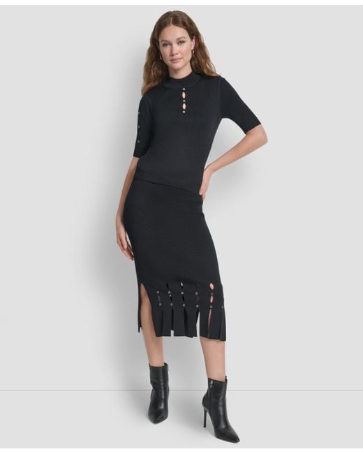 DKNY Black Grommet Mock Neck Sweater