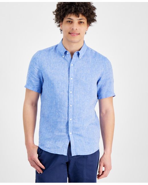 Michael Kors Blue Slim-fit Linen Short-sleeve Shirt for men