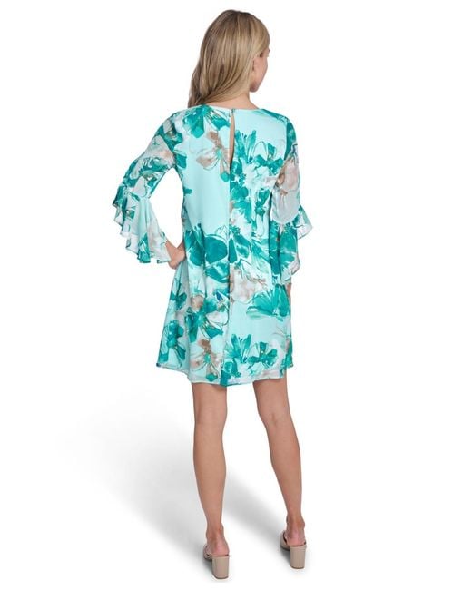 calvin klein blue bell sleeve dress Calvin Klein Scuba Crepe Dress with Chiffon Bell Sleeves Indigo 2 at Amazon Women's Clothing store