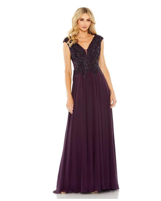 Mac Duggal Purple Appliqued Cap Sleeve Bodice Flowy Gown
