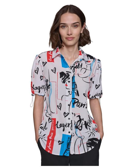 Karl Lagerfeld Blue Printed Bungee-sleeve Button-down Top