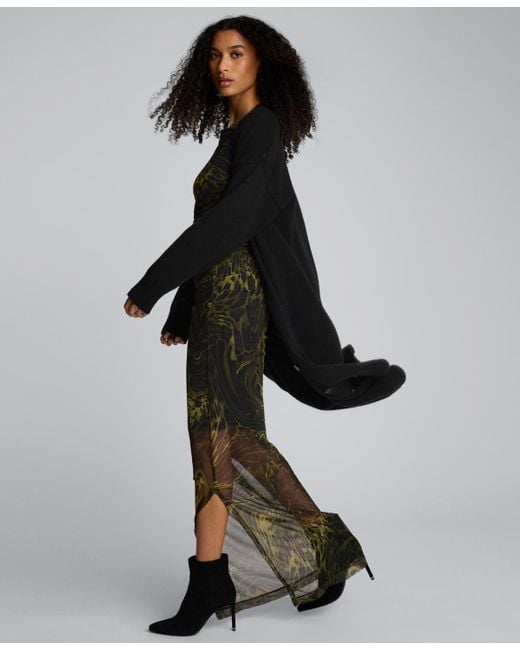Kenneth Cole Black Long Sleeve Ruched Printed Sheath Dress