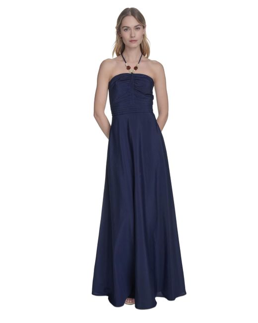 Eliza J Blue Ruched-front Halter Maxi Dress