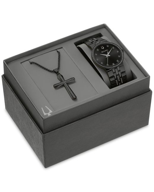 Bulova Black Classic Crystal -tone Stainless Steel Bracelet Watch 40mm Gift Set for men