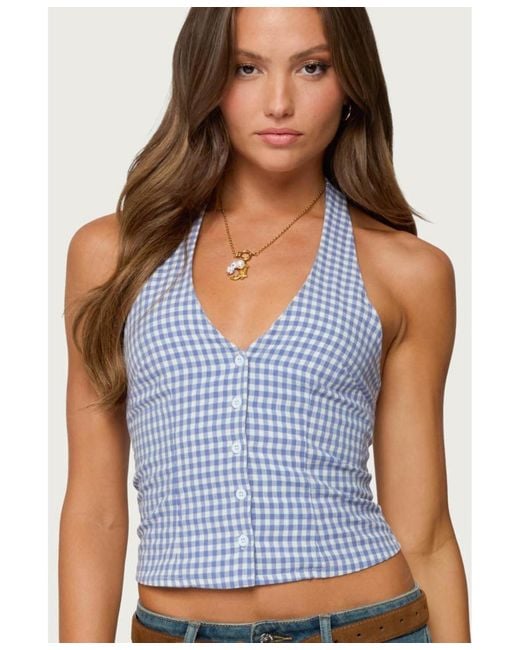Edikted Blue Evan Gingham Button Up Halter Top