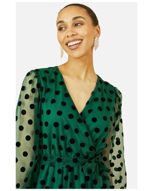 Yumi' Green Spot Mesh Wrap Midi Skater Dress