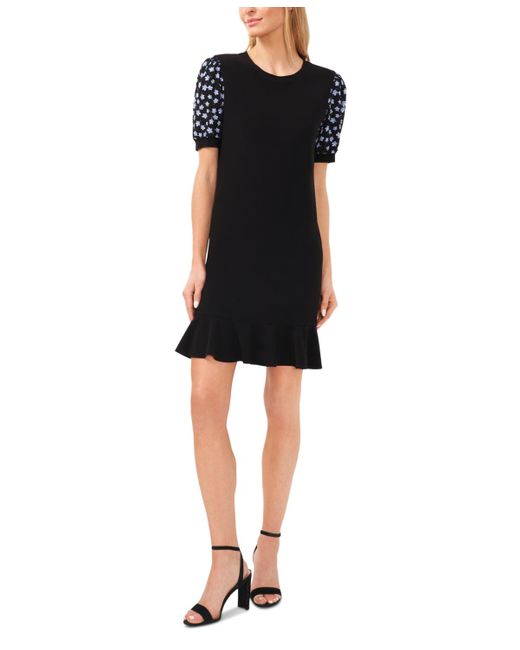 Cece Black Mixed-media Puff-sleeve Knit Dress