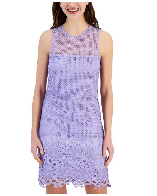 Tahari Purple Round-neck Sleeveless Lace Sheath Dress