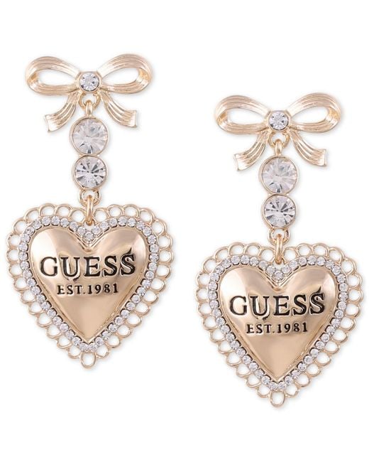 Guess Gold-tone Crystal Bow & Logo Heart Drop Earrings in Metallic - Lyst