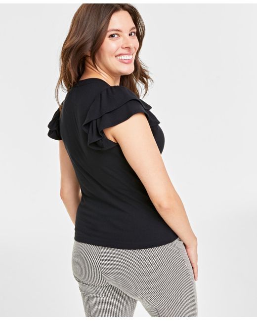 On 34th Black Flutter-sleeve Ribbed Top