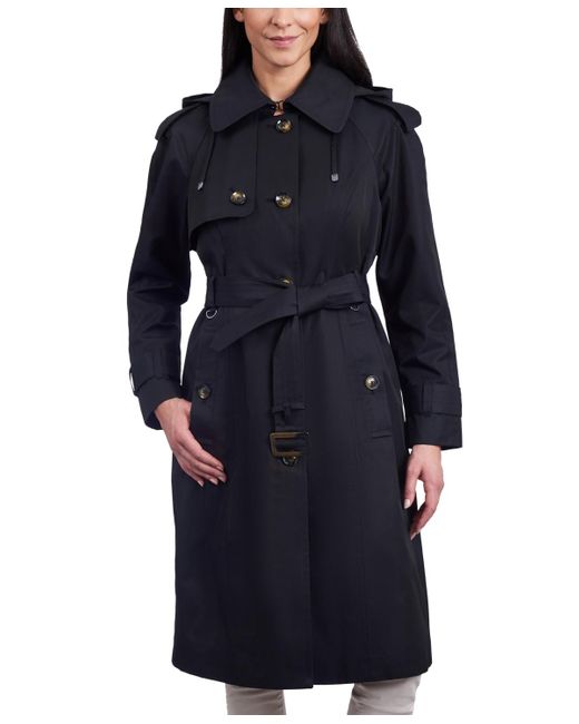 London Fog Blue Belted Hooded Water-resistant Trench Coat