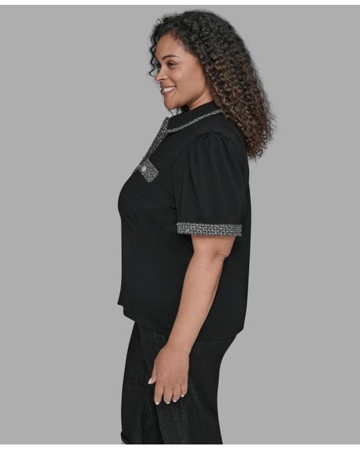 Karl Lagerfeld Black Karl Lagerfield Paris Plus Size Short Sleeves Tweed Trim Knit Top