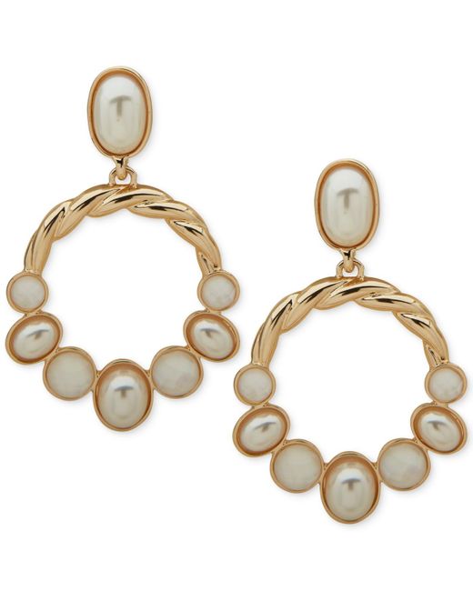Anne Klein Metallic Gold-tone White Stone & Mother-of- Open Drop Earrings