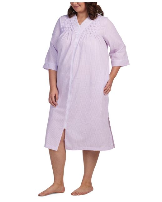 Miss Elaine Purple Plus Size Checkered Long-sleeve Robe