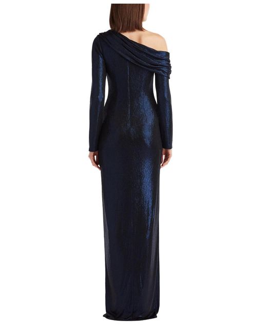 Tadashi Shoji Blue Toryn Metallic Pleated Draped Gown.