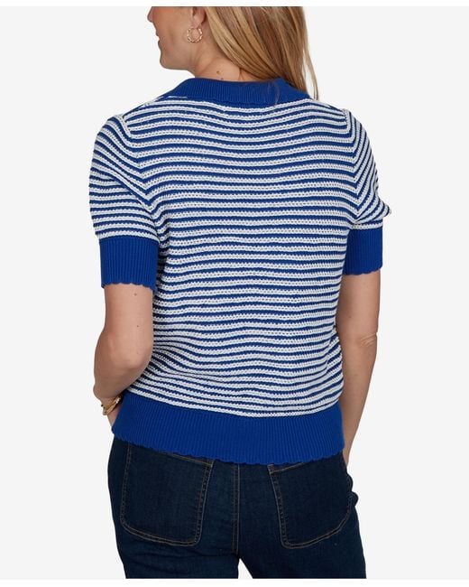 Ruby Rd Blue Petite Two-tone Collared Elbow-sleeve Sweater