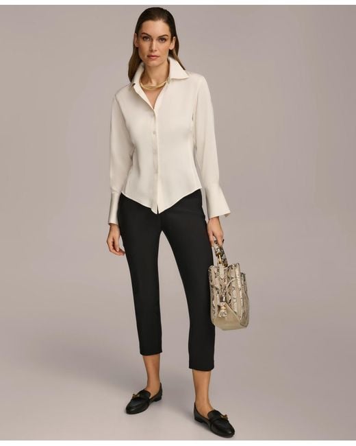 Donna Karan Natural Petite Button Front Point Hem Top