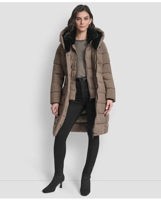 DKNY Brown Belted Asymmetrical Zip Front Puffer Coat