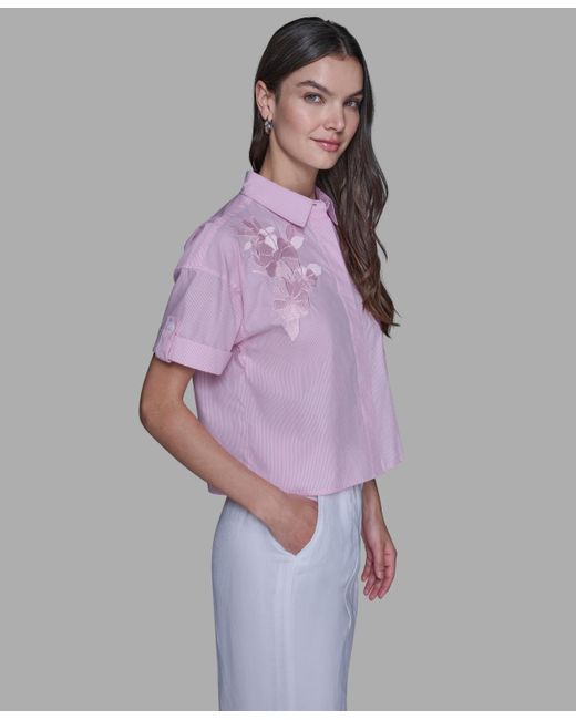 Karl Lagerfeld Purple Striped Floral Detail Top