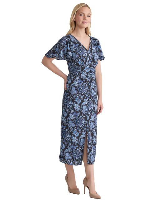 Jones New York Blue Printed Shirred Flutter-sleeve Midi Dress