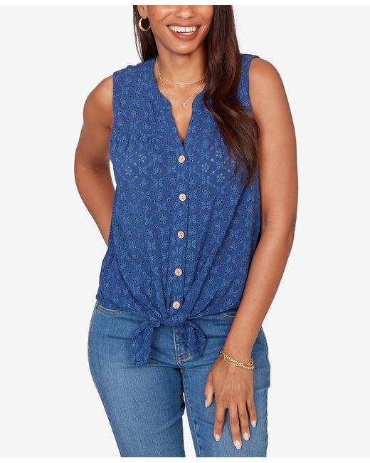 Ruby Rd Blue Top Ruby Rd. Petite Tie-front Eyelet Sleeveless Top in Blue | Lyst
