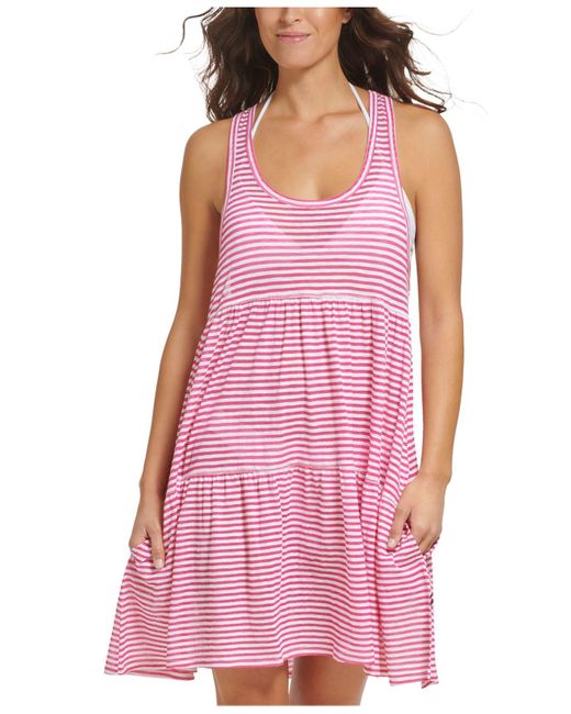 Tommy Hilfiger Striped Tiered Swim Dress Coverup in Pink Lyst