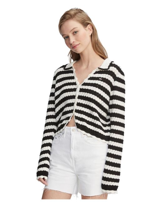 Tommy Hilfiger White Crochet Striped Collared Cardigan