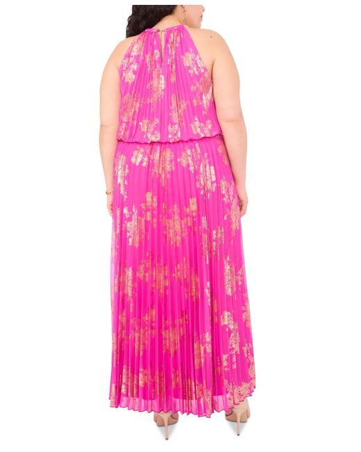 Msk Pink Plus Size Pleated Printed Chiffon Halter Dress