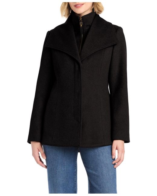 Vince Camuto Black Short Wool Coat With Fixed Bib