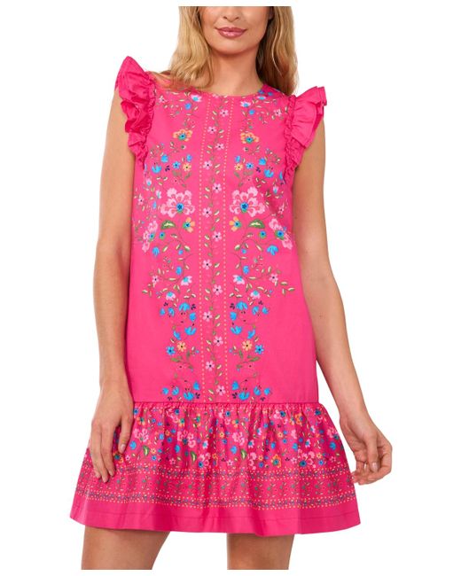 Cece Pink Floral Ruffle-sleeve Flounce-hem Dress