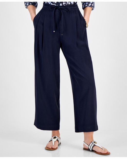 Tommy Hilfiger Blue Belted Pleated-front Ankle Pants