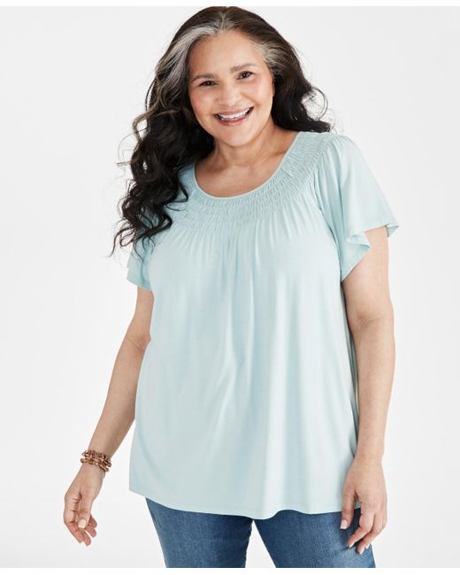 Style & Co. Blue Plus Size Gathered Scoop-neck Flutter-sleeve Top