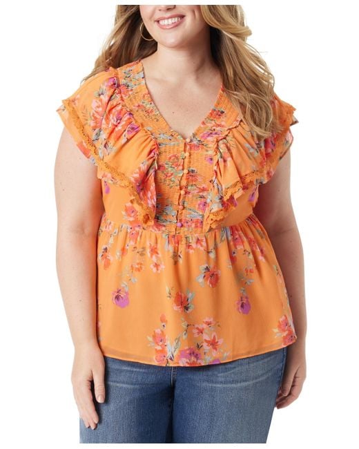Jessica Simpson Orange Trendy Plus Size Nori Floral Smocked Peplum Top