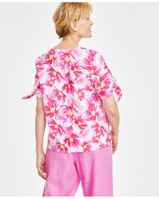 Charter Club Pink 100% Linen Printed Tie-sleeve Top