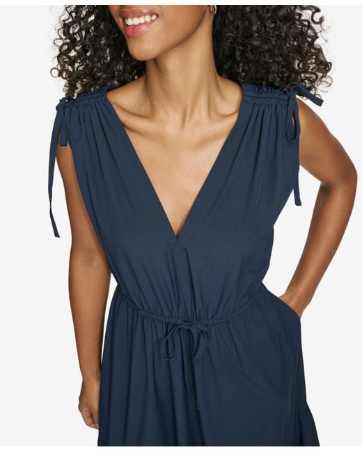 Calvin Klein Blue Tie-shoulder Tiered Midi Dress
