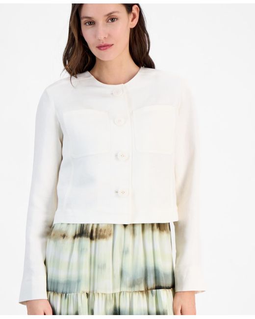 Anne Klein White Linen Blend Collarless Button-front Jacket
