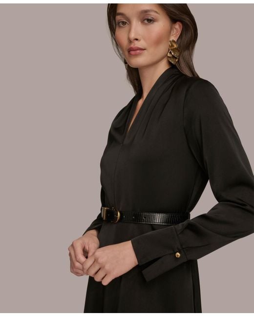 Donna Karan Black Satin V-neck Belted A-line Midi Dress