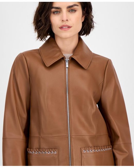 Anne Klein Brown Zip-front Leather Jacket