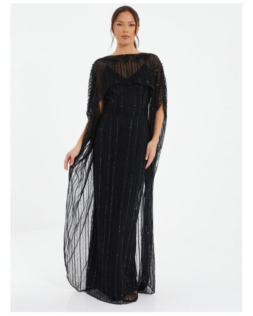 Quiz Black Embelleshed Mesh Evening Dress With Detachable Cape