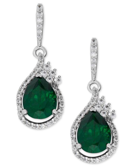 Macy's Metallic Lab-created Emerald (2-3/4 Ct. T.w.) And White Sapphire (1/2 Ct. T.w.) Drop Earrings In Sterling Silver