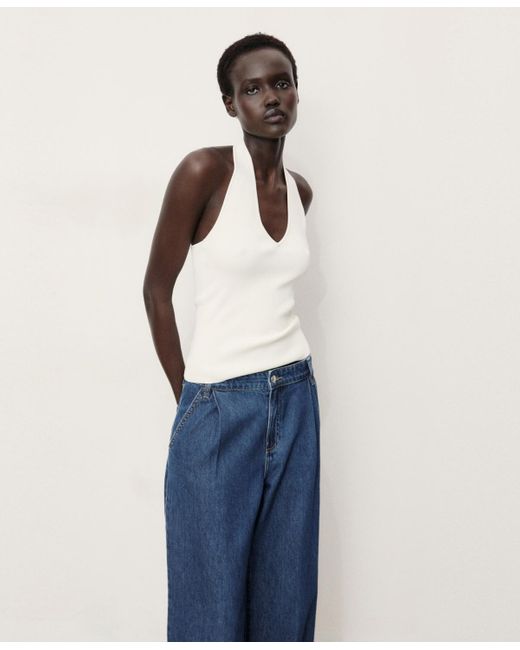 Mango Blue Wide Leg Pleated Jeans