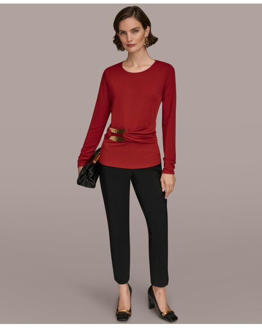 Donna Karan Red Long Sleeve Double Bar Hardware Top