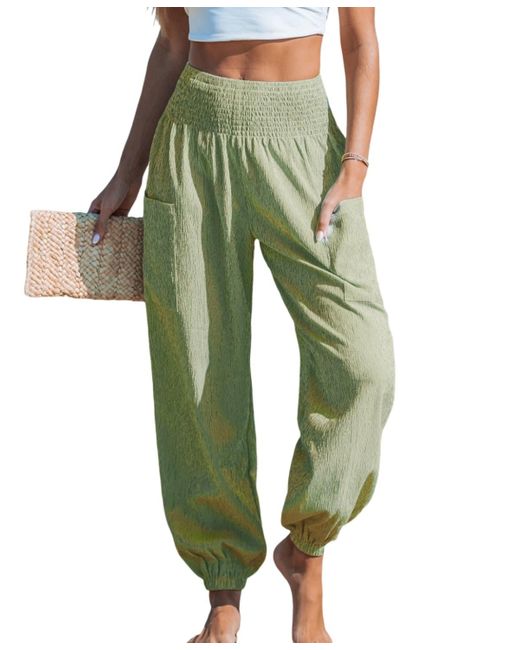 CUPSHE Green Striped Smocked Waist Patch Pocket Pants