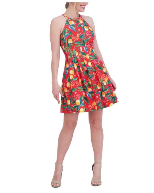 Vince Camuto Red Petite Printed Pleat Sleeveless Dress