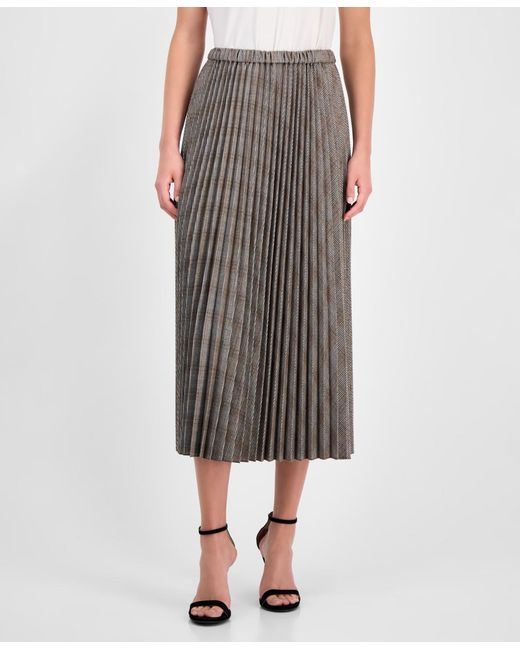 Anne Klein Gray Plaid Pleated Pull-on Midi Skirt