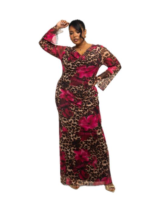 FASHION-SZN CURVE Red Leopard Print Mesh Maxi Dress