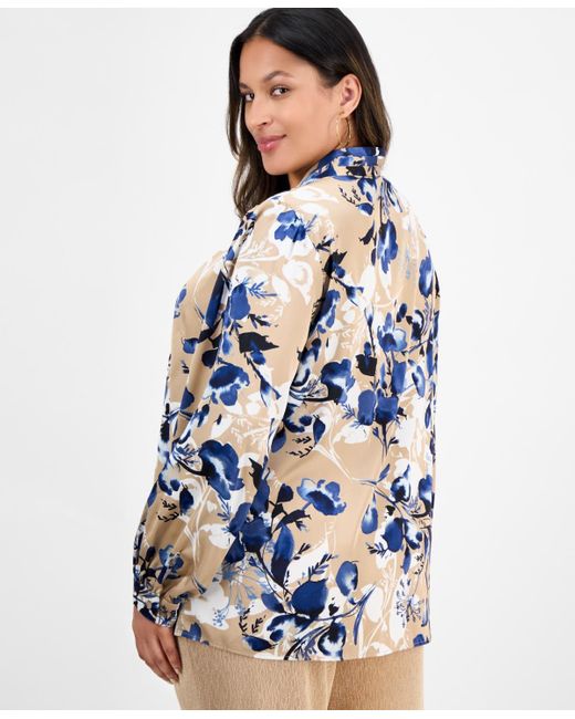 Kasper Blue Plus Size Pleated V-neck Floral Print Blouse