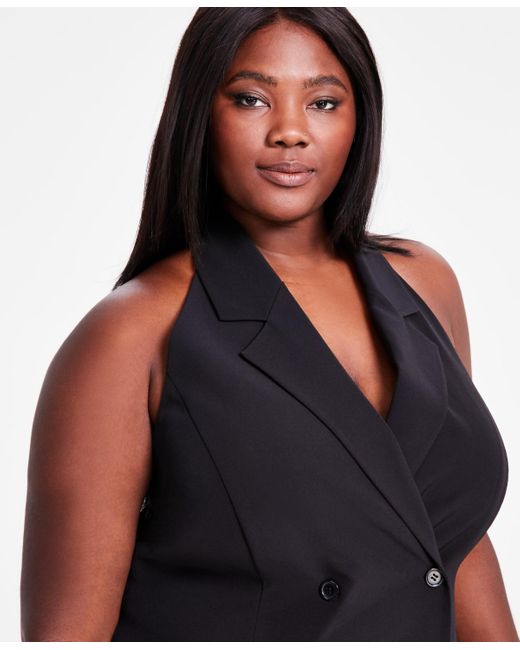 BarIII Black Trendy Plus Size Halter Sleeveless Blazer Dress