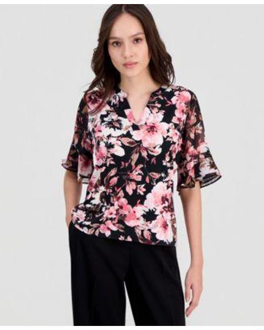 Anne Klein Essentials Red Ruffle Cuff Split Neck Top